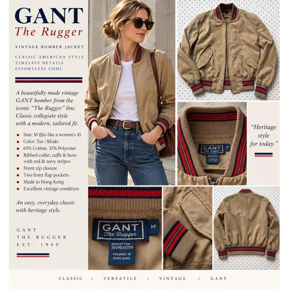Gant, GANT The Rugger Bomber Jacket Medium Tan Khaki Red Navy Striped Varsity Vintage