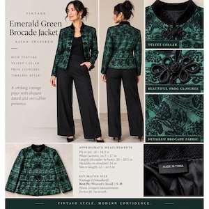 May include: An emerald green brocade jacket featuring a black velvet collar and black frog closures. The jacket has a detailed floral pattern, long sleeves, and a structured fit. The interior label indicates it was made in China.