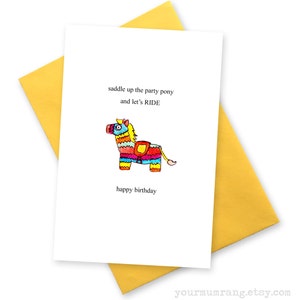 Carte d'anniversaire amusante Party Pony. Fête de la pinata. cartes de voeux arc-en-ciel modernes. Adorable papeterie kitsch, meilleur ami d'un collègue de travail pour chevaux