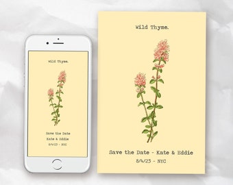 Vintage Wild Thyme Save the Date . Digital Invite, Save the Date Invite, Digital Phone Wedding Invitation, Save The Date Invitation