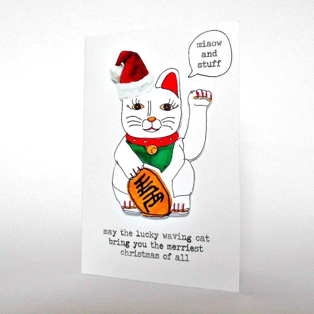 Funny Christmas Card Lucky Waving Cat Holiday Cards Cute Etsy UK