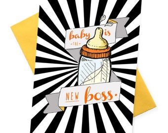 Baby is the New Boss card. Funny new baby girl boy nursery decor . Congratulations new parents . Wall artPregnancy humour. Baby shower cards