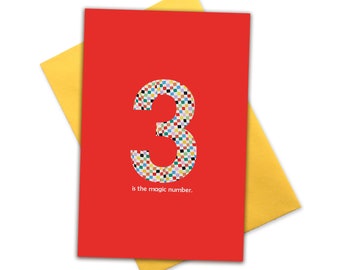 3 is het magische getal. Boy Girl unisex 3e verjaardag nummerkaart . Regenboog kleuren dambord . Popcultuur hip hop rap R&B wenskaarten