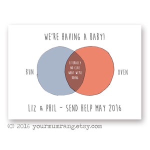 Carte postale annonce de grossesse imprimable. Diagramme de venn drôle. Hippie, nous nous attendons à une carte de bébé. L’humour britannique. Téléchargez le fichier numérique