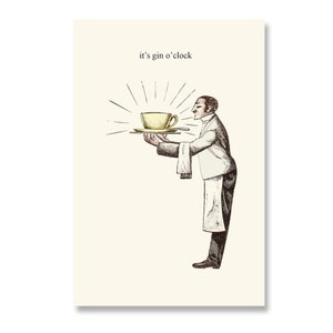 Divertente biglietto di auguri di compleanno. È l'ora del gin. Biglietti di auguri per il fidanzato del mio migliore amico. Umorismo vintage britannico. Illustrazione retrò del maggiordomo.