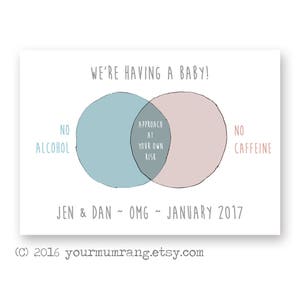 Carte postale annonce de grossesse imprimable. Diagramme de venn drôle. Maman de hipster nous nous attendons à une carte de bébé. Téléchargez le fichier numérique humour anglais