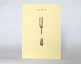 oh fork . funny happy birthday card . vintage fork . cream greeting cards . sorry I forgot . belated birthday greetings