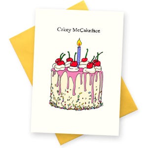 Lustige Geburtstagskarte.  Cakey McCakeFace Grußkarten. Freund beste Freundin Freundin Schwester Bday BFF Gruß. Aktueller britischer Humor