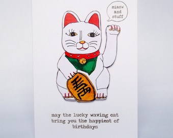 Funny birthday card // lucky waving cat greeting cards // best friend greetings cards