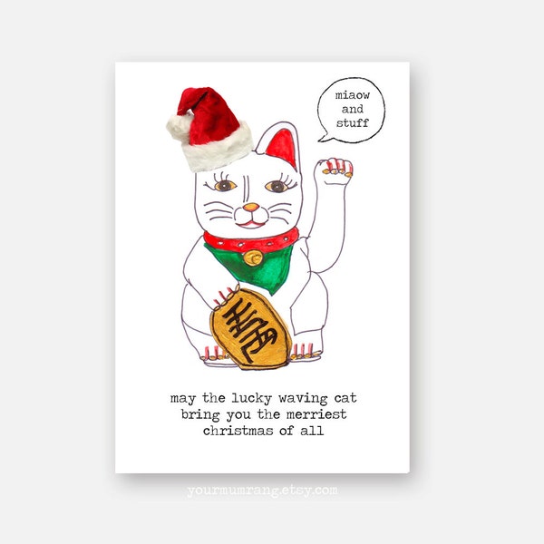 Lustige Weihnachtskarte. glücklichen winken Katze Weihnachtskarten. süße Kitsch Weihnachten Illustration für meinen besten Freund-Freund. Santa Hut Humor