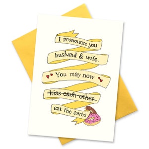 Carte de jour de mariage drôle pour couple.  Vous pouvez maintenant manger les glucides. Félicitations. Mariage heureux. Modern mari et femme. Régime de mariage.