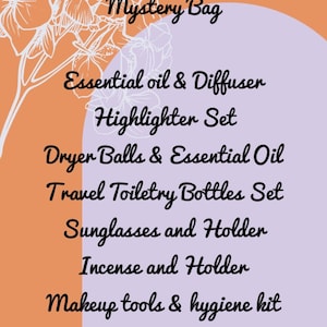 May include: An orange and purple graphic lists items in a mystery bag. The items include essential oil and diffuser, highlighter set, dryer balls and essential oil, travel toiletry bottles set, sunglasses and holder, incense and holder, and makeup tools and hygiene kit.