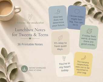 Lunchbox-notities voor tieners en tieners | 36 Afdrukbare notities | Aanmoediging, humor, liefde en verbinding | Direct downloaden