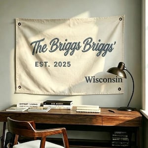 Op de afbeelding: Een rechthoekige wandbanner van gebroken wit textiel met de donkergrijze tekst The Briggs Briggs' EST. 2025 en Wisconsin. De banner is voorzien van metalen ringen in elke hoek en hangt horizontaal aan een muur boven een houten bureau.