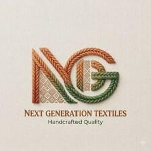 Puede incluir: Un logotipo con las letras NG formadas por texturas trenzadas naranjas y verdes con patrones geométricos. Debajo de las letras, el texto dice NEXT GENERATION TEXTILES y Handcrafted Quality en una fuente serif marrón oscuro sobre fondo claro.