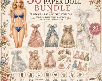 Bundel van 30 Victoriaanse papieren poppen, printbare aankleedpoppen, vintage modepoppenset, cottagecore-ephemera, junk journal