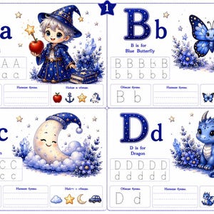 May include: An educational alphabet worksheet featuring letters A, B, C, and D. Each section includes uppercase and lowercase letters for tracing, illustrations of an apple wizard, blue butterfly, crescent moon, and dragon, plus small icon tasks.