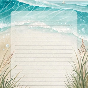 Op de afbeelding: Een rechthoekig vel briefpapier met een aquarel strandtafereel met een turquoise oceaan, witte golven en een zeilboot aan de horizon. Het midden bevat horizontale lijnen om op te schrijven, omlijst door strandgras en diverse schelpen.