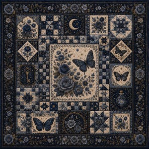 May include: A navy and cream patchwork quilt with floral and butterfly designs. The quilt includes a crescent moon and star patterns. The border is decorated with floral patterns. The quilt is a square shape.
