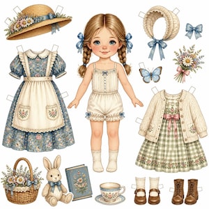 Könnte beinhalten: Ein Papierpuppen-Set mit einer zentralen Figur mit geflochtenem Haar, begleitet von verschiedenen Outfits, darunter ein blaues Blumenkleid mit Schürze, ein grünes kariertes Kleid mit Strickjacke, ein Strohhut, eine Haube, eine Schleife, ein Blumenstrauß, ein Korb, ein Hase, ein Buch, eine Teetasse und Schuhe.