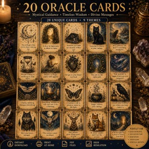 Pode incluir: Um conjunto de 20 cartas de oráculo com ilustrações de estilo vintage de corpos celestes, animais e símbolos místicos num fundo cor de pergaminho. Cada carta inclui uma imagem única e uma curta mensagem de texto inspiradora.