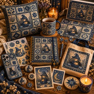 May include: A collection of witch-themed items in blue and cream tones, including a pillow, mug, journal, phone case, tote bag, stickers, coasters, and cards. Each item features a witch illustration and celestial patterns.