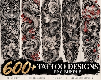 Op de afbeelding: Een digitale downloadbundel met 600+ tatoeageontwerpen in PNG-formaat. De afbeelding toont vijf verticale panelen met gedetailleerde zwart-grijze illustraties van een tijger, een draak, een persoon met een slang, een wolf en een schedel met een lotusbloem.
