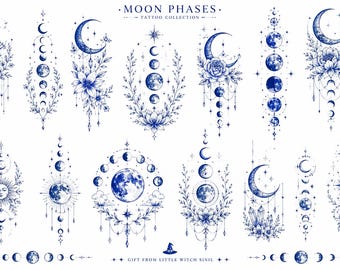 Paquete de más de 400 diseños de tatuajes Witchcore en formato PNG, colección de diseños de tatuajes góticos celestiales, tatuajes de tarot lunar y gato negro en la columna vertebral, uso comercial.
