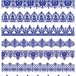 May include: A collection of eight distinct horizontal strips of dark blue lace trim featuring intricate patterns including floral rose motifs, pointed gothic arches, fleur-de-lis accents, and geometric lattice designs arranged in parallel rows.