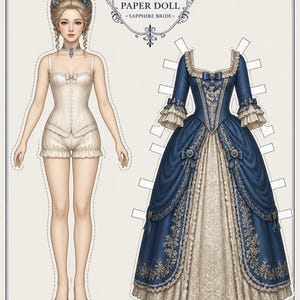 May include: A Royal Rococo Paper Doll Sapphire Bride set featuring a doll in cream-colored undergarments and a separate deep blue gown with intricate gold embroidery, lace trim, and bows. The set includes text labels Royal Rococo Paper Doll.