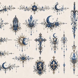 May include: A collection of intricate blue and gold decorative illustrations featuring celestial motifs like crescent moons, suns, and stars, alongside floral elements, a sword, a cross, a shield with a lion, a fleur-de-lis, and crystal clusters.