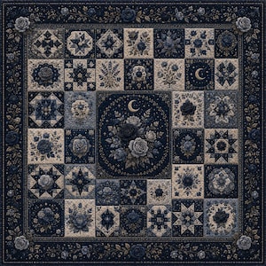 May include: A navy blue and cream-colored quilt with a floral pattern. The quilt features a central design of roses and a crescent moon, surrounded by square blocks with various floral and geometric patterns. The border is adorned with roses.