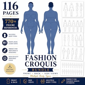 Pode incluir: Um pacote digital de croquis de moda com 116 páginas e mais de 770 referências de figuras. O documento exibe silhuetas azuis de figuras humanas em vistas frontal e traseira, ao lado de páginas brancas mostrando vários tipos de corpo.