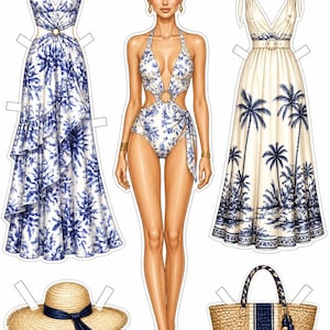 Könnte beinhalten: Ein Papierpuppen-Set mit einer Figur im weiß-blauen Blumenbadeanzug, zwei langen Kleidern mit passenden Blumen- und Palmenmustern, einem Strohhut mit marineblauem Band und einer geflochtenen Strohtasche mit marineblauem Streifen und Quaste.