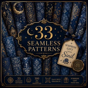 May include: An image showcasing 33 seamless patterns in navy blue and gold. The patterns feature floral and celestial motifs. The image includes the text "33 Seamless Patterns" and a gift tag that reads "Surprise Gift From Sinil".