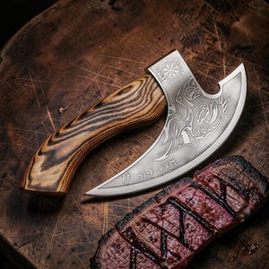 May include: A hand axe with a curved wooden handle featuring dark grain patterns and a silver-toned metal blade. The blade is engraved with a circular symbol, a stylised wolf head, and runic text. The axe is positioned near a sliced piece of steak.