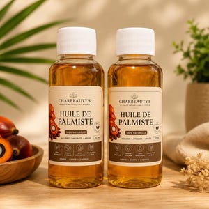 Könnte beinhalten: Zwei durchsichtige Kunststoffflaschen gefüllt mit goldenem Palmkernöl, jeweils mit einem beigen Etikett mit der Aufschrift Charbeauty's Huile de Palmiste, 100% Naturelle und 50 ml. Die Flaschen haben weiße Schraubverschlüsse und enthalten Öl.