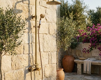 Sistema doccia a pioggia a parete in ottone anticato / Kit doccia da esterno con doccetta a mano / Set doccia rustico da giardino / Doccia di lusso a bordo piscina