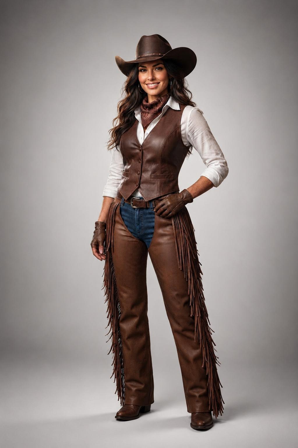 Women's Brown Leather Fringe Chaps & Vest Set Western Cowgirl Outfit, Rodeo Wear