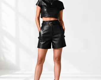 Women's Black Leather Crop Top & High-Waisted Shorts Set with Cap | Modern Fashion Outfit | Handmade Leather Co-Ord Set