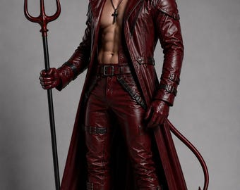 May include: A dark red leather trench coat, matching trousers, and boots with buckle details. The outfit includes red horns, a long pointed tail, and a black trident with a red head. A silver cross necklace hangs around the neck.