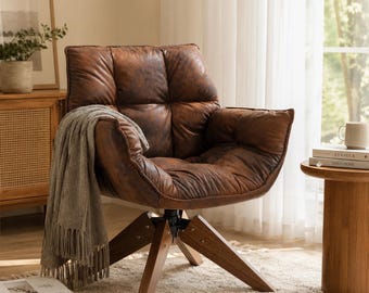 Rustic Swivel Lounge Chair Faux Leather Accent Armchair Tufted Reading Seat Mid Century Living Room Furniture