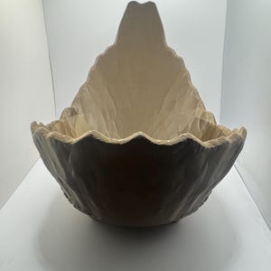 May include: A large, textured, beige-colored bowl with a unique, mountain-like shape. The bowl has a scalloped rim and a rough, organic texture, suggesting a handcrafted or natural aesthetic. The interior is a lighter shade of beige.