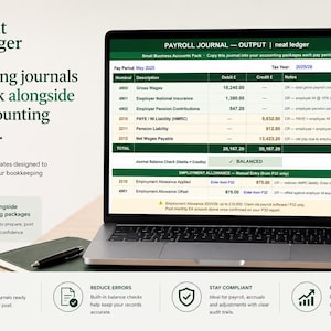 May include: A laptop screen displays a Neat Ledger payroll journal spreadsheet with columns for nominal codes, descriptions, debits, credits, and notes. The interface features a dark green header and a balanced total row. Text on the screen includes Payroll Journal Output, Pay Period May 2025, and Tax Year 2025/26.