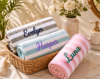 Personalized Cabana Stripe Beach Towel Custom Name Embroidered Pool Towel, Soft Quick Dry Vacation Towel, Summer Beach Gift for Family