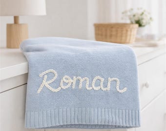 Custom Baby Name Blanket – Handmade Knitted Blanket, Cozy Soft Organic Cotton, Unique Newborn Gift, Baby Room, Shower Present