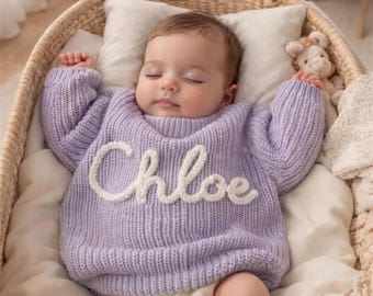 Personalized Baby Sweater with Name, Hand Embroidered Baby Name Sweater, Custom Knit Newborn Sweater, Baby Shower Gift, Baby Keepsake