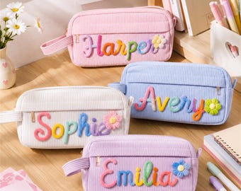 Personalized Corduroy Pencil Case with Name | Custom Embroidered Makeup & Stationery Pouch | Cute Gift for Girls Back to School