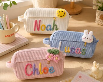 Custom Name Pencil Case for Girls | Rainbow Embroidered Corduroy Makeup Bag | Birthday & Christmas Gift for Kids and Teens