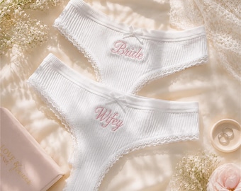 Custom Embroidered Cotton Thong – Personalized Bride Underwear, Wedding Lingerie Gift, Bridal Shower & Bachelorette Party Gift for Her